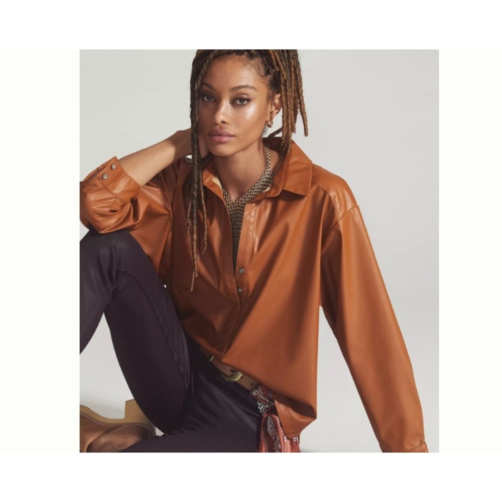 By Anthropologie Faux Leather Shirt Cedar Brown Medium